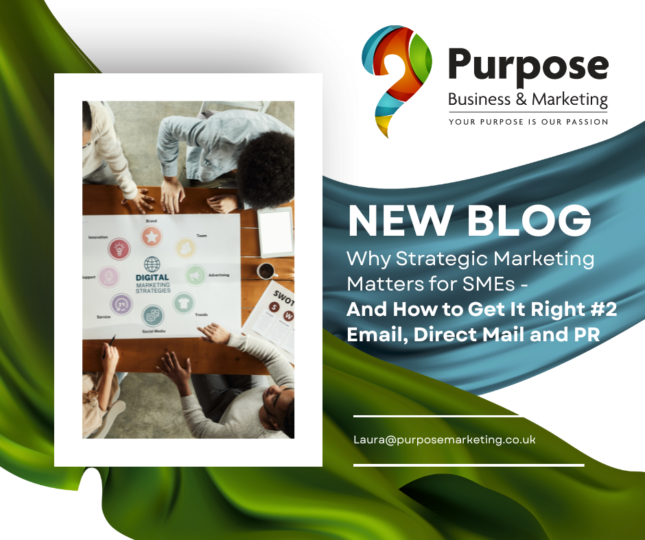Promotional graphic for Purpose Business & Marketing’s new blog post titled 'Why Strategic Marketing Matters for SMEs – And How to Get It Right.' The image shows a diverse team gathered around a table with a diagram labeled 'Digital Marketing Strategies' and includes elements like Brand, Team, Email, Direct Mail, PR, Social and Advertising. Contact email laura@purposemarketing.co.uk is displayed.