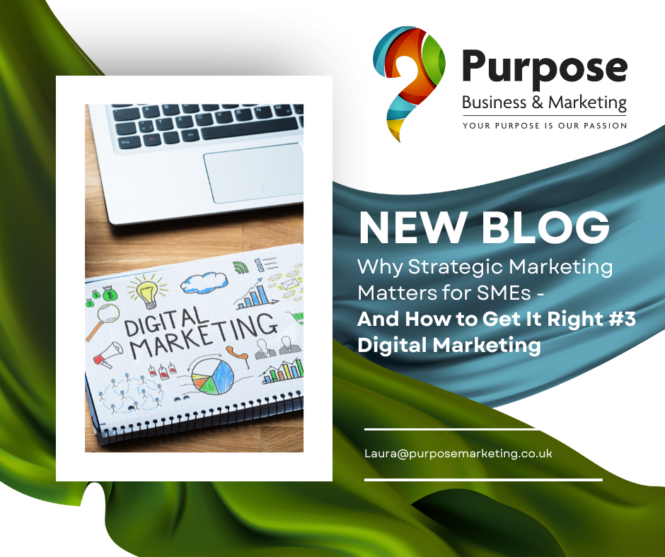 Promotional graphic for Purpose Business & Marketing’s new blog post titled 'Why Strategic Marketing Matters for SMEs – And How to Get It Right.' The image shows a diverse team gathered around a table with a diagram labeled 'Digital Marketing Strategies' and includes elements like Brand, Team, Email, Direct Mail, PR, Social and Advertising. Contact email laura@purposemarketing.co.uk is displayed.